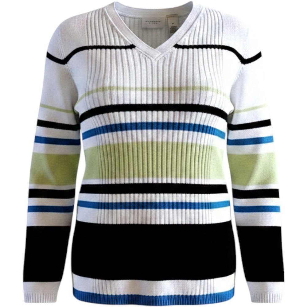 Liz Claiborne Sweater Women 2X White Striped V-Neck Ribbed Nautical Y2K Preppy‎